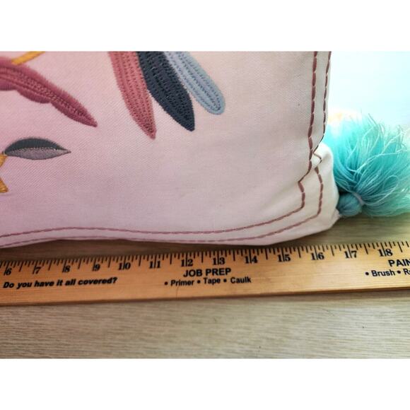 THROW PILLOW-COASTAL HOME-Embroidery-Birds-Folk Design-Tassles-Large-17" x 17" - Picture 13 of 14